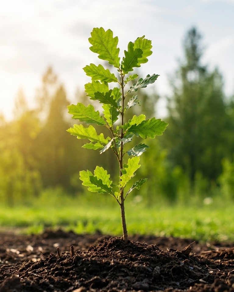 A young sapling freshly planted in rich soil